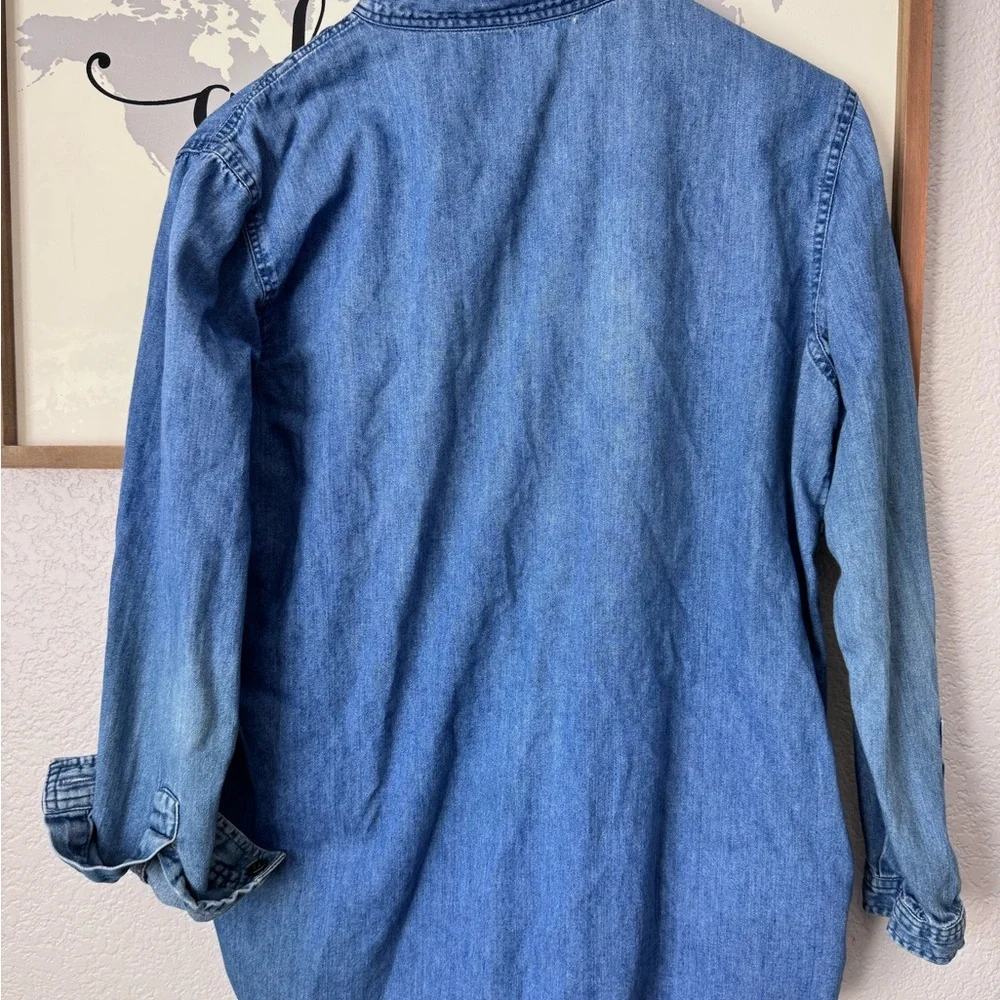 Embroidered cotton blue denim button up shirt
